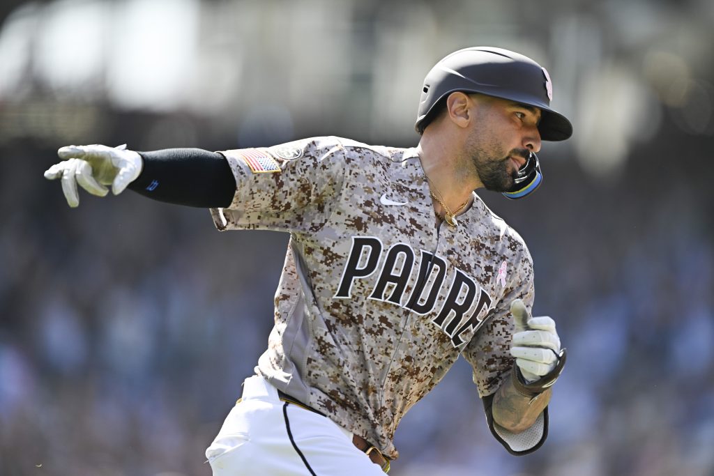 May 10, 2026; San Diego, California, USA; San Diego Padres right fielder Nick Castellanos (21) rounds the bases after hitting an two-run home run during the ninth inning against the St. Louis Cardinals at Petco Park.