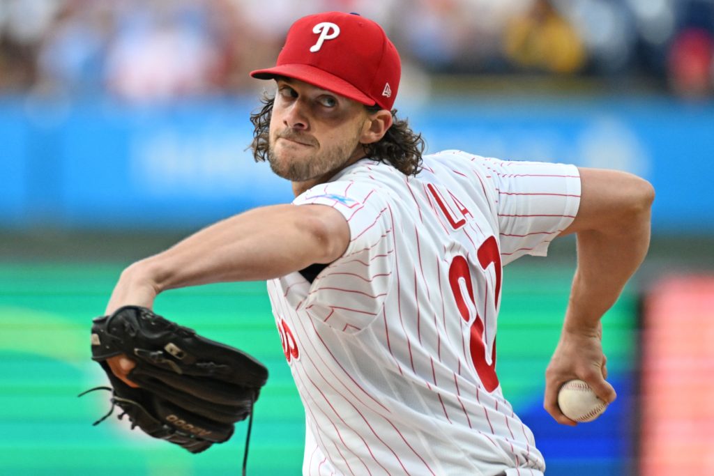 Jun 2, 2026; Philadelphia, Pennsylvania, USA; Philadelphia Phillies pitcher Aaron Nola (27) throws a pitch during the second inning against the San Diego Padres at Citizens Bank Park.