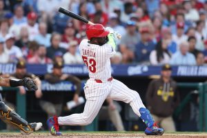Jun 3, 2026; Philadelphia, Pennsylvania, USA; Philadelphia Phillies right fielder Adolis Garcia (53) hits an RBI double against the San Diego Padres during the fifth inning at Citizens Bank Park.