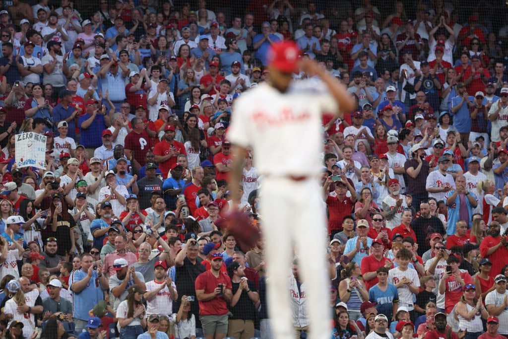 Jun 3, 2026; Philadelphia, Pennsylvania, USA; Fans give a standing ovation for Philadelphia Phillies pitcher Cristopher Sanchez (61) after his franchise record consecutive scoreless streak ends after a San Diego Padres run at Citizens Bank Park.