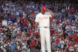 Jun 3, 2026; Philadelphia, Pennsylvania, USA; Fans give a standing ovation for Philadelphia Phillies pitcher Cristopher Sanchez (61) after his franchise record consecutive scoreless streak ends after a San Diego Padres run at Citizens Bank Park.