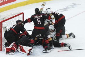 Jun 4, 2026; Raleigh, North Carolina, USA; Vegas Golden Knights left wing Ivan Barbashev (49) shoots the puck against Carolina Hurricanes goaltender Frederik Andersen (31) during the third period in game two of the 2026 Stanley Cup Final at Lenovo Center.