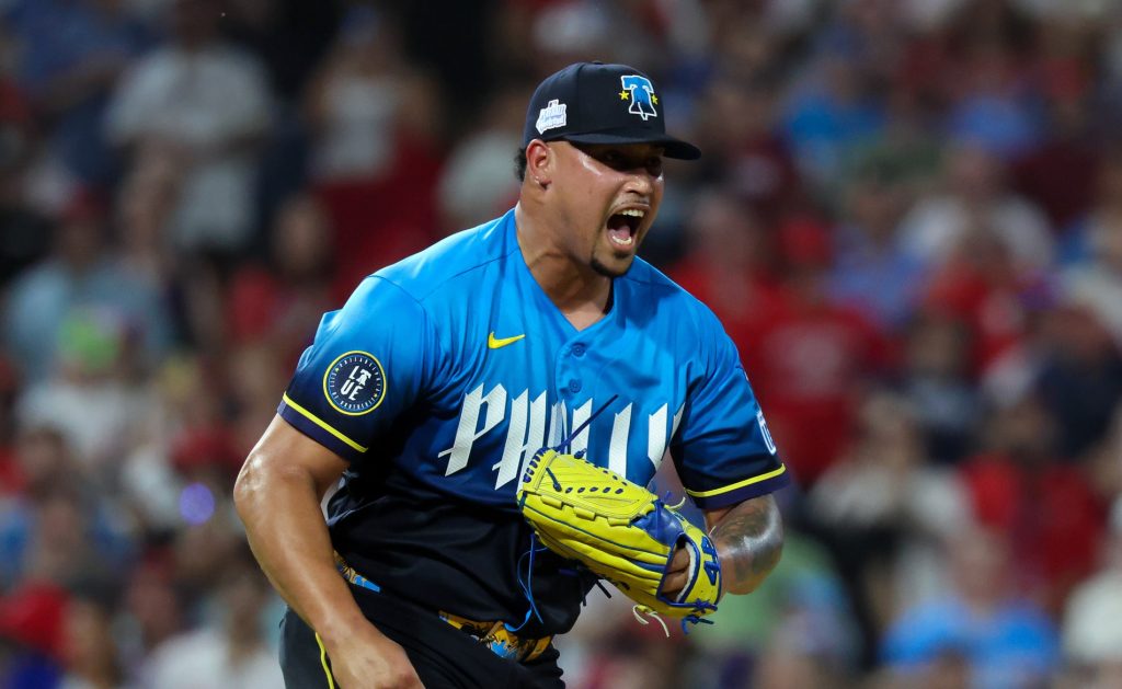 Jun 5, 2026; Philadelphia, Pennsylvania, USA; Philadelphia Phillies pitcher Jhoan Duran (59) reacts to a strike out to end the ninth inning for a victory against the Chicago White Sox at Citizens Bank Park.