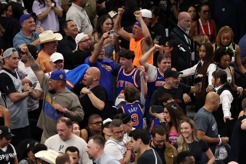 Jun 5, 2026; San Antonio, Texas, USA; New York Knicks fans react in the second half during game two of the 2026 NBA Finals at Frost Bank Center.