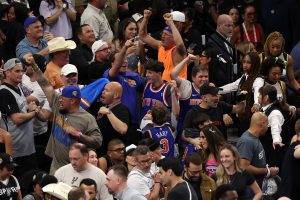 Jun 5, 2026; San Antonio, Texas, USA; New York Knicks fans react in the second half during game two of the 2026 NBA Finals at Frost Bank Center.