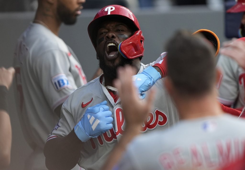 Jun 8, 2026; Toronto, Ontario, CAN; Philadelphia Phillies right fielder Adolis Garcia (53) reacts after his two-run home run against the Toronto Blue Jays during the second inning at Rogers Centre.