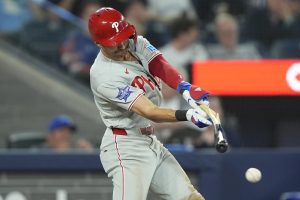 Jun 9, 2026; Toronto, Ontario, CAN; Philadelphia Phillies shortstop Trea Turner (7) breaks his bat as he grounds out to Toronto Blue Jays shortstop Andres Gimenez (not pictured) during the sixth inning at Rogers Centre.