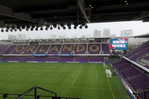 June 10, 2026; Orlando, Florida, U.S.; A big screen inside the stadium displays a lighting strike warning as the scheduled start of the match is delayed.