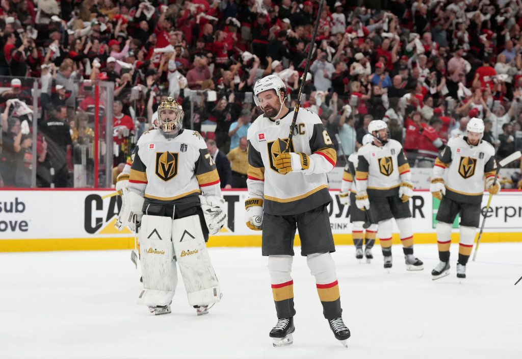 Jun 11, 2026; Raleigh, North Carolina, USA; Vegas Golden Knights goaltender Carter Hart (79) and right wing Mark Stone (61) react after losing game five of the 2026 Stanley Cup Final against the Carolina Hurricanes at Lenovo Center.