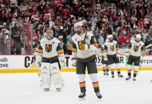 Jun 11, 2026; Raleigh, North Carolina, USA; Vegas Golden Knights goaltender Carter Hart (79) and right wing Mark Stone (61) react after losing game five of the 2026 Stanley Cup Final against the Carolina Hurricanes at Lenovo Center.