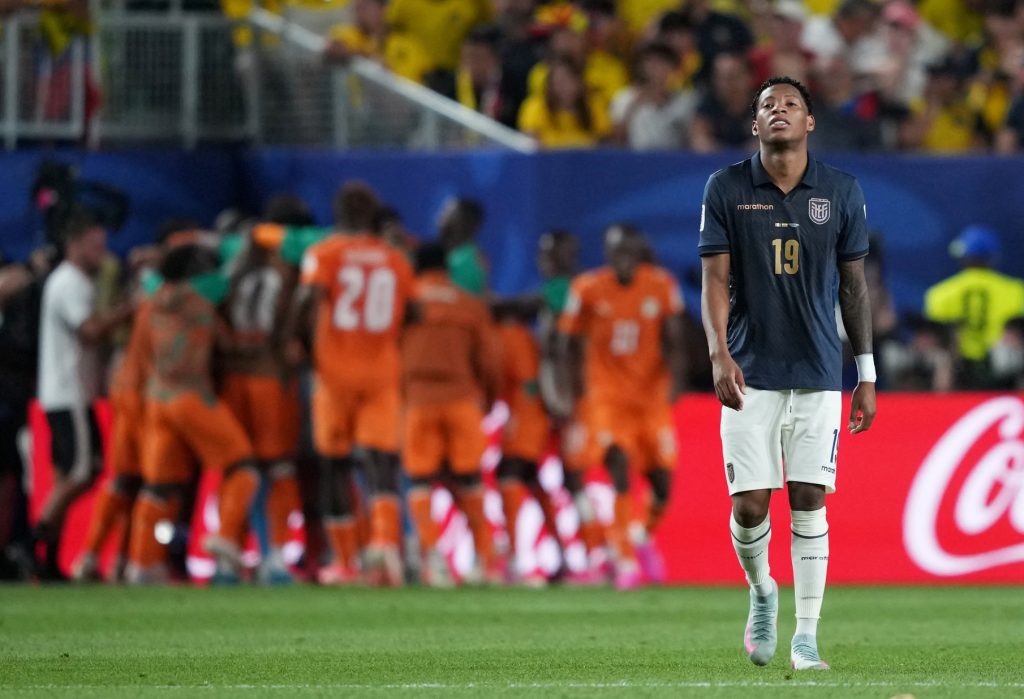 June 14, 2026; Philadelphia, Pennsylvania, U.S.; Ecuador's Gonzalo Plata reacts after Ivory Coast's Amad Diallo scored their first goal.