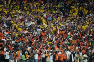 June 14, 2026; Philadelphia, Pennsylvania, U.S.; Ivory Coast fans celebrate after Amad Diallo scored their first goal.