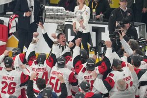 Jun 14, 2026; Las Vegas, Nevada, USA; Carolina Hurricanes head coach Rod Brind'Amour celebrates holding the Stanley Cup after the win against the Vegas Golden Knights in game six of the 2026 Stanley Cup Final at T-Mobile Arena.