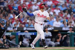 Jun 15, 2026; Philadelphia, Pennsylvania, USA; Philadelphia Phillies outfielder Gabriel Rincones Jr (17) watches the ball after hitting a home run against the Miami Marlins in the second inning at Citizens Bank Park.