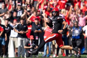 Cincinnati Bearcats quarterback Brendan Sorsby (2) scores a touchdown in the second quarter of the NCAA football game between the Cincinnati Bearcats and Iowa State Cyclones at Nippert Stadium in Cincinnati on Oct. 4, 2025.