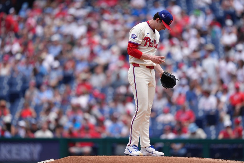 Jun 17, 2026; Philadelphia, Pennsylvania, USA; Philadelphia Phillies starting pitcher Andrew Painter (24) stands on the mound against the Miami Marlins in the first inning at Citizens Bank Park.