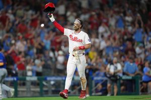 Jun 20, 2026; Philadelphia, Pennsylvania, USA; Philadelphia Phillies infielder Bryce Harper (3) reacts after hitting an RBI triple against the New York Mets in the fifth inning at Citizens Bank Park.