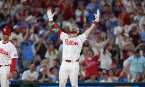 Jun 20, 2026; Philadelphia, Pennsylvania, USA; Philadelphia Phillies infielder Bryce Harper (3) reacts after hitting an RBI triple against the New York Mets in the fifth inning at Citizens Bank Park.