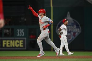 Jun 23, 2026; Washington, District of Columbia, USA; Philadelphia Phillies second baseman Bryson Stott (5) rounds the bases after hitting a three run home run against the Washington Nationals during the ninth inning at Nationals Park.
