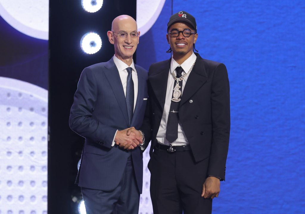 Jun 23, 2026; New York, NY, USA; NBA commissioner Adam Silver greets the twenty second pick in the 2026 NBA draft, Alabama guard Labaron Philon Jr. after he was selected by the Philadelphia 76ers at Barclays Center.