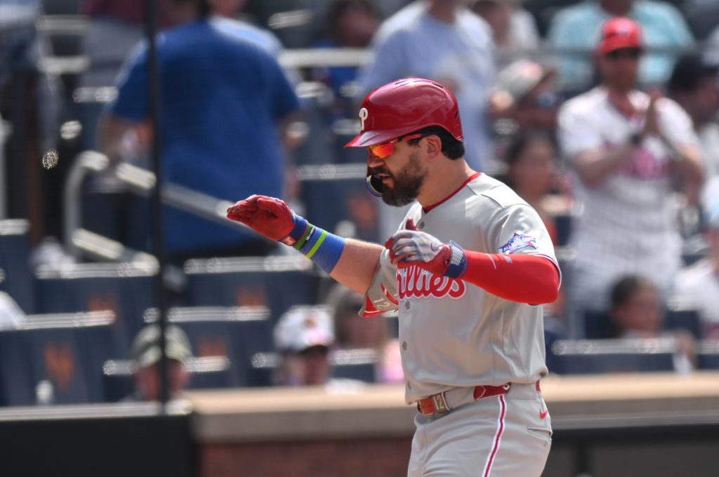 Jun 28, 2026; New York City, New York, USA; Philadelphia Phillies designated hitter Kyle Schwarber (12) reacts after hitting a two run home run against the New York Mets during the seventh inning at Citi Field.