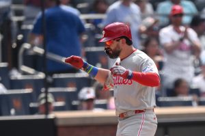 Jun 28, 2026; New York City, New York, USA; Philadelphia Phillies designated hitter Kyle Schwarber (12) reacts after hitting a two run home run against the New York Mets during the seventh inning at Citi Field.