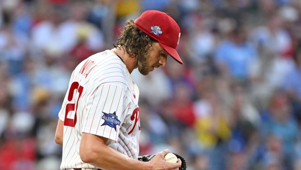 Jun 29, 2026; Philadelphia, Pennsylvania, USA; Philadelphia Phillies pitcher Aaron Nola (27) reacts after allowing a run against the Philadelphia Phillies during the fifth inning at Citizens Bank Park.
