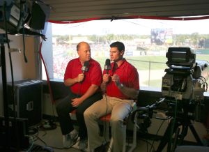 Mar 10, 2015; Clearwater, FL, USA; Philadelphia Phillies broadcasters Tom McCarthy (left) and Ben Davis on the air before a spring training baseball game against the Detroit Tigers at Bright House Field.