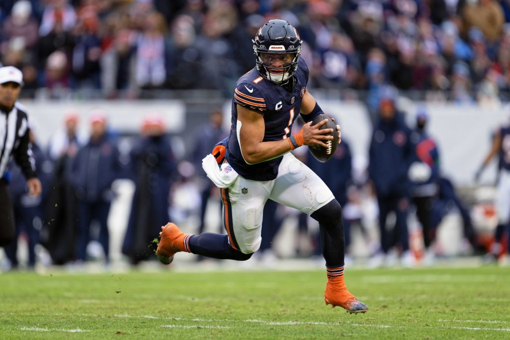 Dec 10, 2023; Chicago, Illinois, USA; Chicago Bears quarterback Justin Fields (1) against the Detroit Lions at Soldier Field.