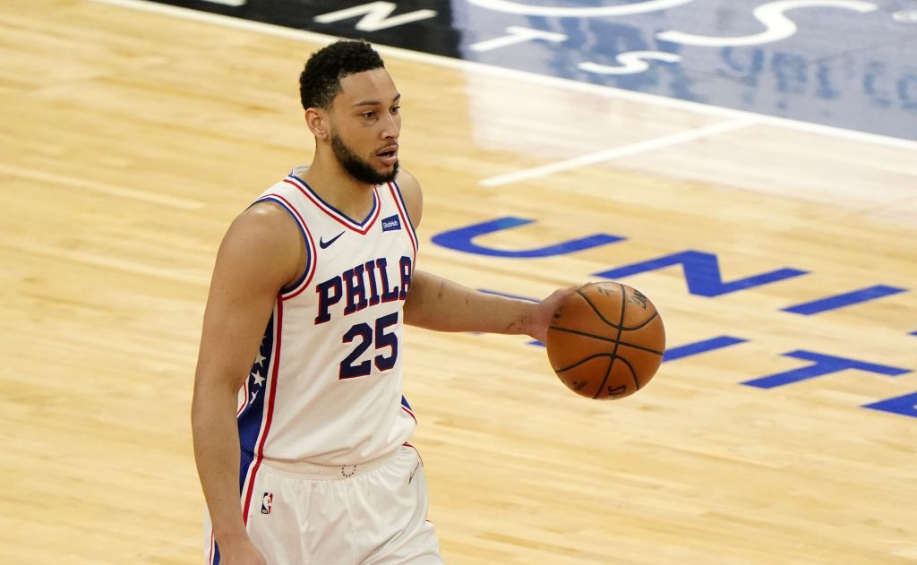 May 3, 2021; Chicago, Illinois, USA; Philadelphia 76ers guard Ben Simmons (25) dribbles the ball against the Chicago Bulls during the second half at the United Center.