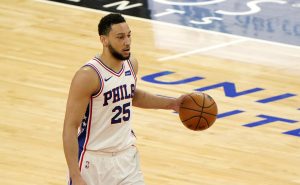 May 3, 2021; Chicago, Illinois, USA; Philadelphia 76ers guard Ben Simmons (25) dribbles the ball against the Chicago Bulls during the second half at the United Center.