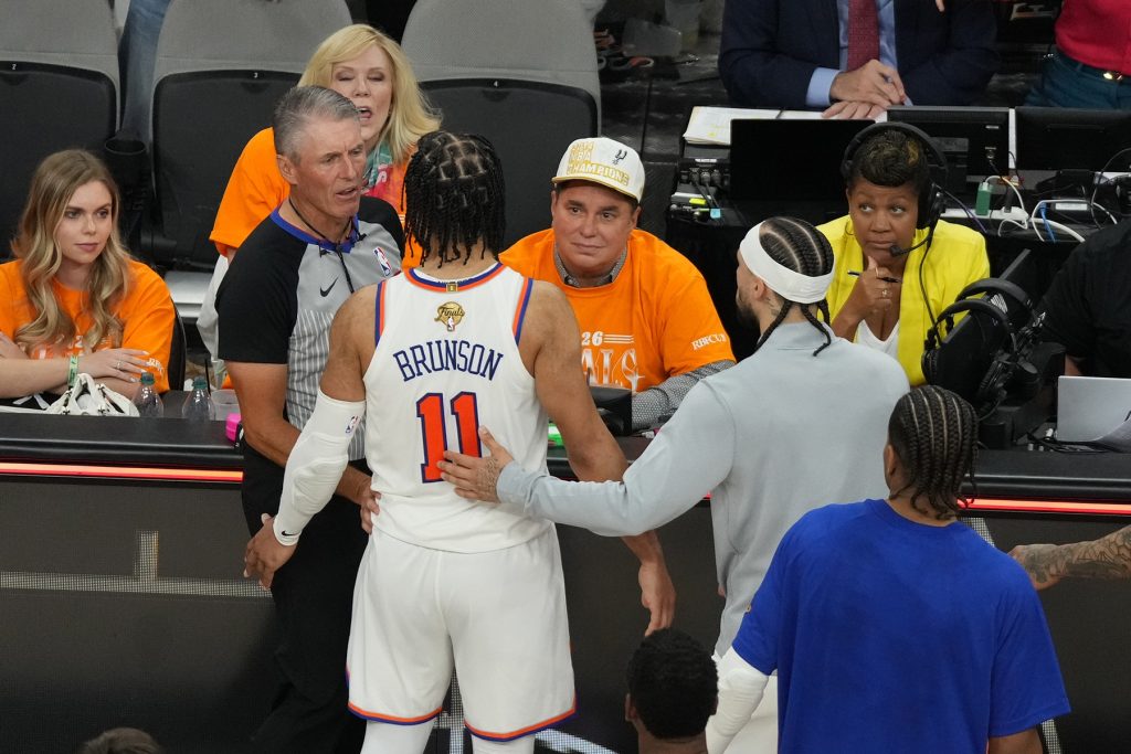 Jun 3, 2026; San Antonio, Texas, USA; New York Knicks guard Jalen Brunson (11) reacts toward a fan in the second half during game one of the 2026 NBA Finals at Frost Bank Center.