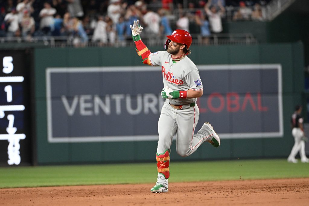 Jun 25, 2026; Washington, District of Columbia, USA; Philadelphia Phillies first baseman Bryce Harper (3) celebrates after hitting a three run home run against the Washington Nationals during the ninth inning at Nationals Park.