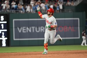 Jun 25, 2026; Washington, District of Columbia, USA; Philadelphia Phillies first baseman Bryce Harper (3) celebrates after hitting a three run home run against the Washington Nationals during the ninth inning at Nationals Park.