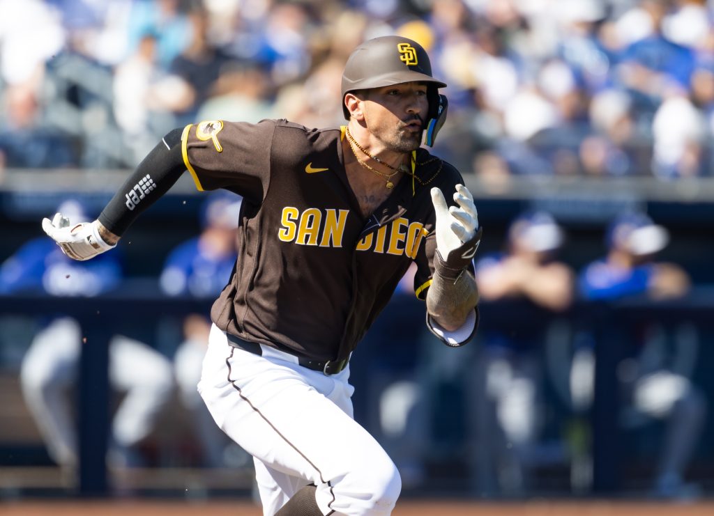 Feb 22, 2026; Peoria, Arizona, USA; San Diego Padres outfielder Nick Castellanos against the Los Angeles Dodgers during a spring training game at Peoria Sports Complex.