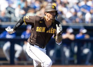 Feb 22, 2026; Peoria, Arizona, USA; San Diego Padres outfielder Nick Castellanos against the Los Angeles Dodgers during a spring training game at Peoria Sports Complex.