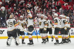 Jun 2, 2026; Raleigh, North Carolina, USA; Vegas Golden Knights celebrate the win against the Carolina Hurricanes in game one of the 2026 Stanley Cup Final at Lenovo Center.