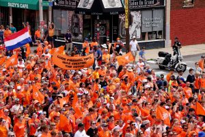 June 25, 2026; Missouri, U.S.; Netherlands fans display a banner as they march towards the Kansas City Stadium ahead of the match.