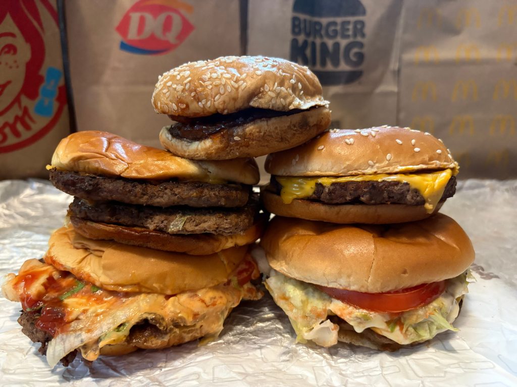 Various burgers from fast food joints on Wednesday, May 27, 2026.