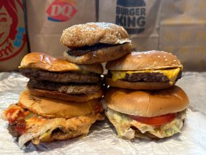 Various burgers from fast food joints on Wednesday, May 27, 2026.