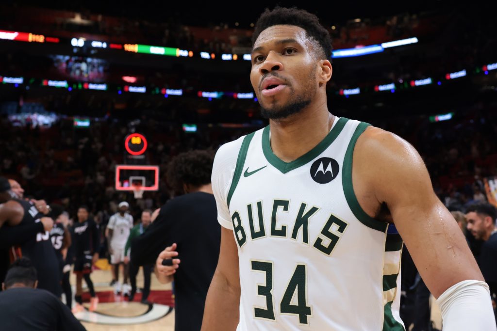 Mar 12, 2026; Miami, Florida, USA; Milwaukee Bucks forward Giannis Antetokounmpo (34) looks on after the game against the Miami Heat at Kaseya Center.