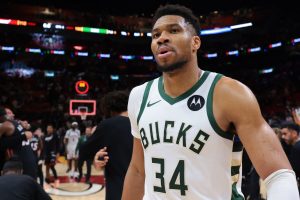 Mar 12, 2026; Miami, Florida, USA; Milwaukee Bucks forward Giannis Antetokounmpo (34) looks on after the game against the Miami Heat at Kaseya Center.