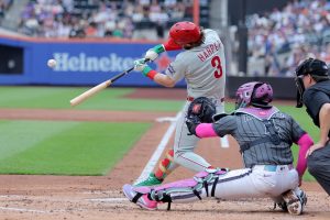 Jun 27, 2026; New York City, New York, USA; Philadelphia Phillies first baseman Bryce Harper (3) hits a two run home run against the New York Mets during the third inning at Citi Field.