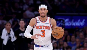 Jun 10, 2026; New York, New York, USA; New York Knicks guard Josh Hart (3) brings the ball up court against the San Antonio Spurs during the second quarter of game four of the 2026 NBA Finals at Madison Square Garden.