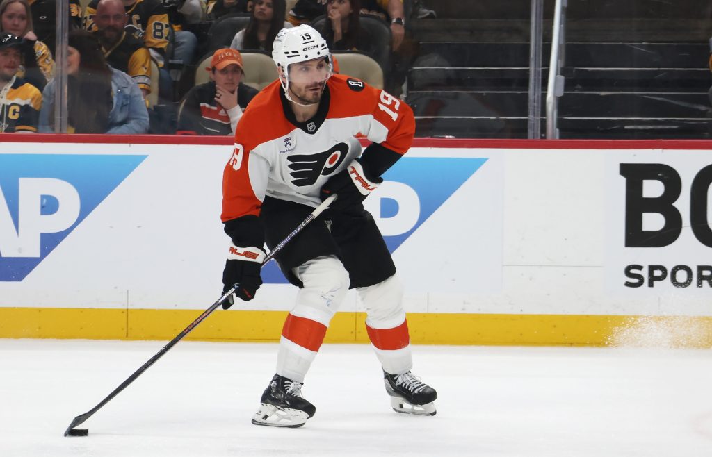 Apr 27, 2026; Pittsburgh, Pennsylvania, USA; Philadelphia Flyers right wing Garnet Hathaway (19) handles the puck against the Pittsburgh Penguins during the second period in game five of the first round of the 2026 Stanley Cup Playoffs at PPG Paints Arena.