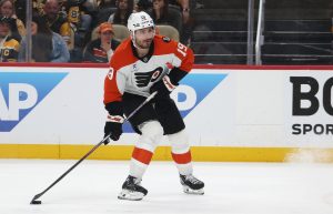 Apr 27, 2026; Pittsburgh, Pennsylvania, USA; Philadelphia Flyers right wing Garnet Hathaway (19) handles the puck against the Pittsburgh Penguins during the second period in game five of the first round of the 2026 Stanley Cup Playoffs at PPG Paints Arena.