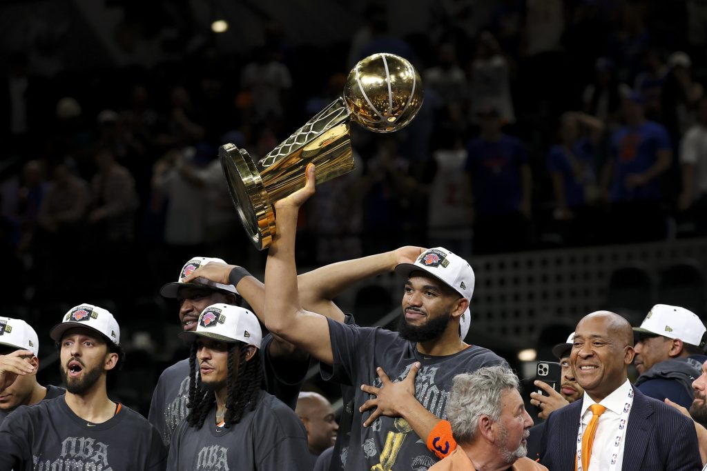 Jun 13, 2026; San Antonio, Texas, USA; New York Knicks center Karl-Anthony Towns (32) celebrates with his teammates after the Knicks defeat the San Antonio Spurs during game five of the 2026 NBA Finals at Frost Bank Center.