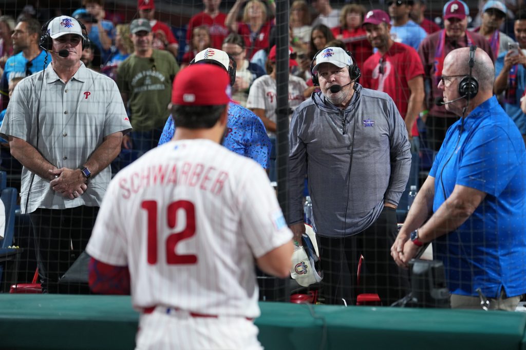 Jun 16, 2026; Philadelphia, Pennsylvania, USA; John Kruk and the Philadelphia Phillies broadcast team interview designated hitter Kyle Schwarber (12) after the game against the Miami Marlins at Citizens Bank Park.