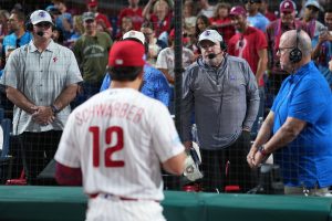 Jun 16, 2026; Philadelphia, Pennsylvania, USA; John Kruk and the Philadelphia Phillies broadcast team interview designated hitter Kyle Schwarber (12) after the game against the Miami Marlins at Citizens Bank Park.