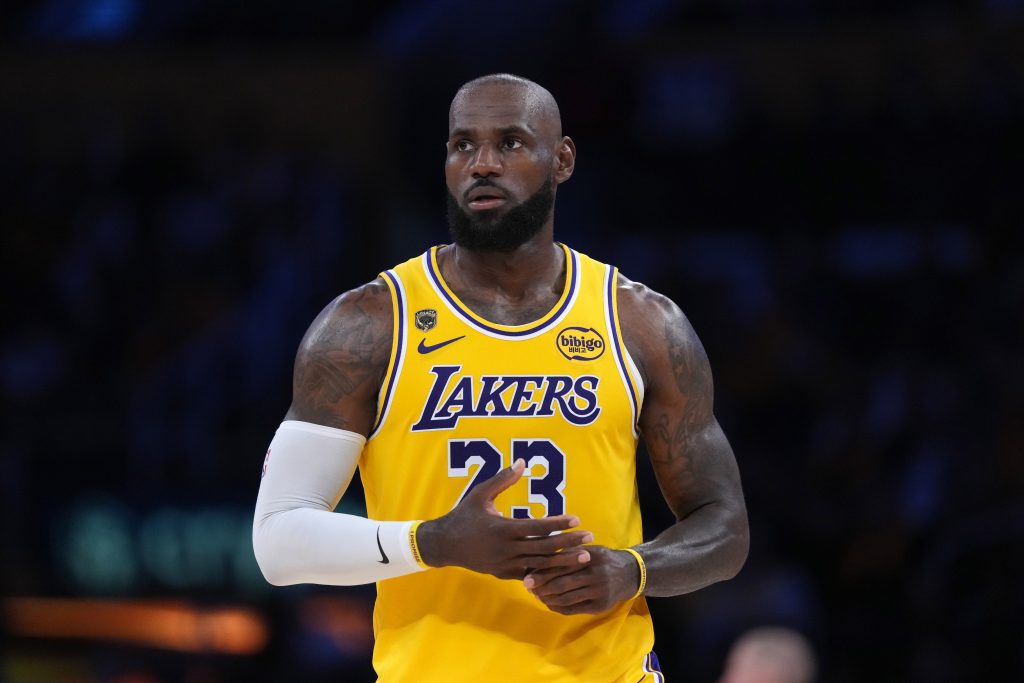 Apr 18, 2026; Los Angeles, California, USA; Los Angeles Lakers forward LeBron James (23) reacts against the Houston Rockets during game one of the first round of the 2026 NBA Playoffs at Crypto.com Arena.